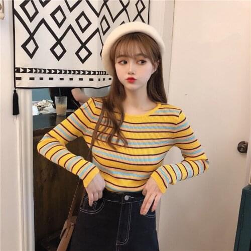 Woman Sweaters Pullover Rainbow Striped Long Sleeve Knitwear T-shirt Womens FallWinter Slim Top Femme Chandails