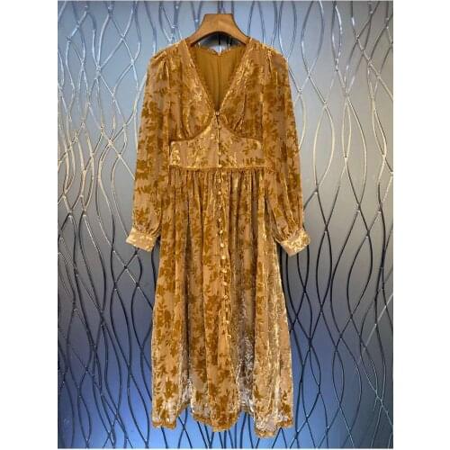 Vintage Retro Dress 2021 Autumn Winter Style Women V-Neck Flocking Floral Print Tunic Buttons Deco Long Sleeve Khaki Black Dress