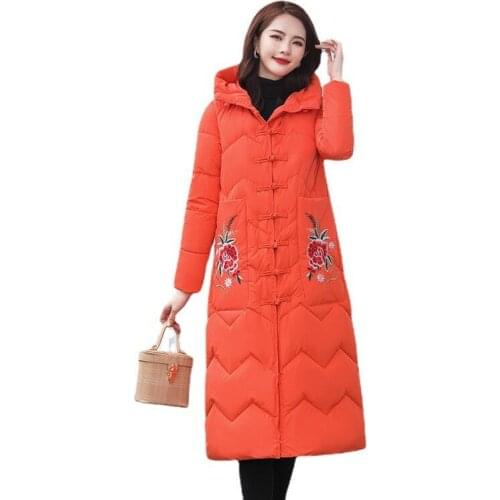 Winter New Long Down Cotton Coat Women Korean Version Fashion Retro Embroidered Jacket Ladies Thick Slim Jackets Female JD1819