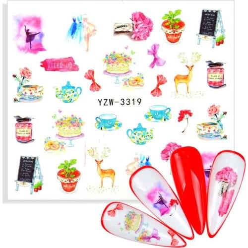 1 Sheet Cute Cartoon Nail Watermark Sticker Summer Floral Flower Leaf Pattern Water Transfer Nail Art Sticker Decoration