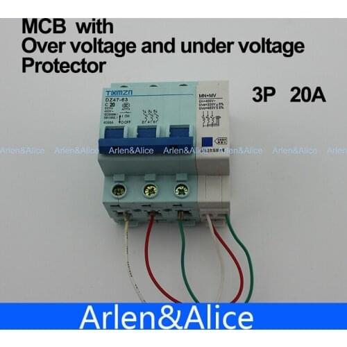 3P 20A 400V~ 50HZ/60HZ MCB with over voltage and under voltage protection Mini Circuit breaker C45 C type
