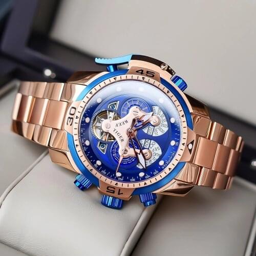 Reef Tiger/RT Brand Men Sports Sapphire Glass Waterproof Automatic Watch Rose Gold Perpetual Calendar Date Day Mechanical Watch