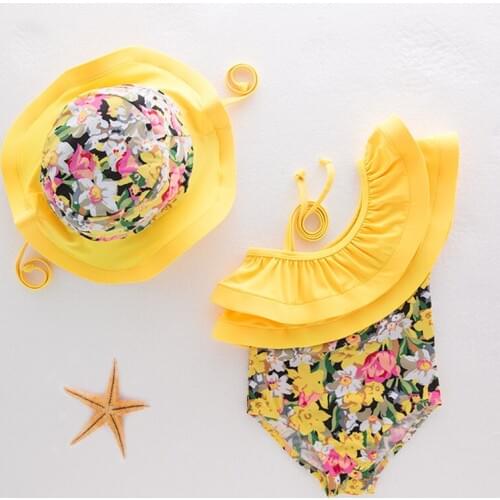 Childrens Bright Yellow Flower one-piece Swimsuit Girls One-shoulder Ruffle Beach Wear with Matching Hat Free Shipping