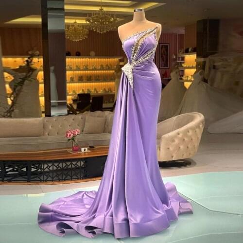 Violet Elegant Exquisite Evening Dress A-Line Floor Length With Train Crystals Beadings Applique Special Occasion Prom Dress