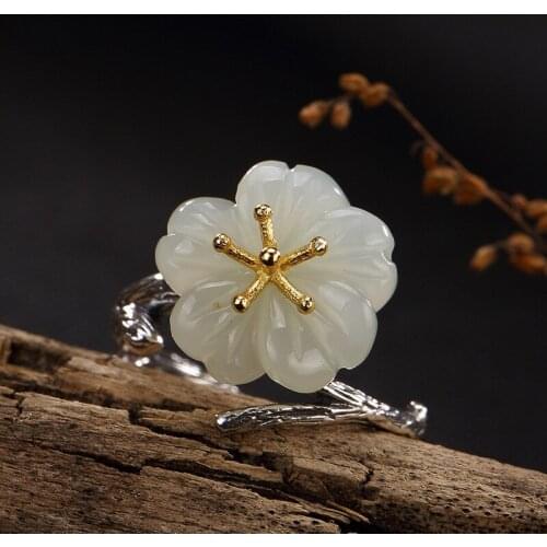 Fashion Silver S925 Pure Silver Mosaic And Tian Yu White Jade Plum Blossom Female Open High-end Retro Ring Ring Wholesale