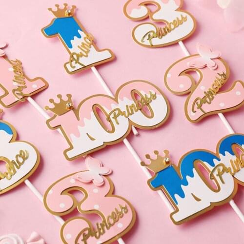 Cartoon Number Cake Topper Blue Pink Crown Digital Toppers Paper Material Birthday Party Cake Decoration Dessert Decor