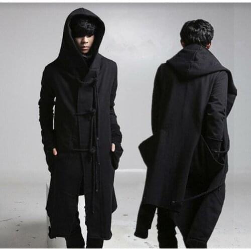 New Men Gothic Punk Hooded Personality Outwear Long Trench Coat Jacket Black