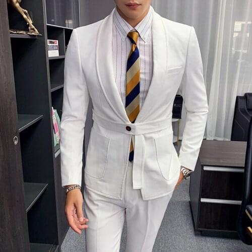 Mens Suit 2 Piece New Solid Wedding Groom Suits Male Slim Fit Blazers Pants Single Button Belt Business Formal Suit