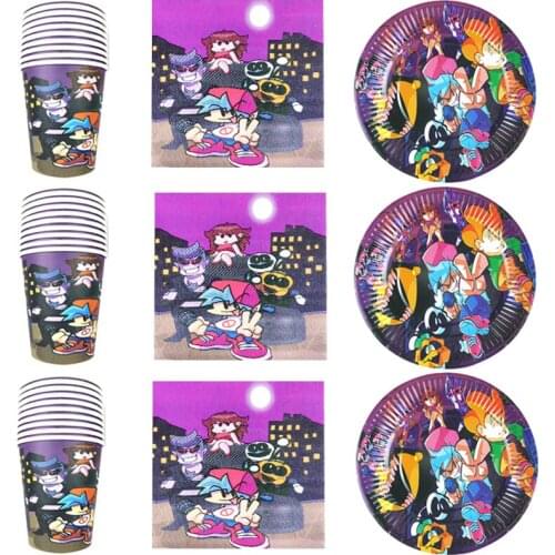 60pcs/lot Friday Night Funkin Theme Tableware Set Happy Birthday Party Napkins Plates Cups Decorations Dishes Glasses Maps Towel