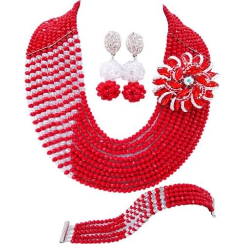 Opaque red and clear ab crystal bead fashion african jewelry set for women nigerian wedding costume necklace set