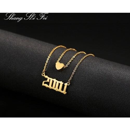Year number charm heart-shaped double-layer necklace party stainless steel jewelry men and women baby childrens birthday gift