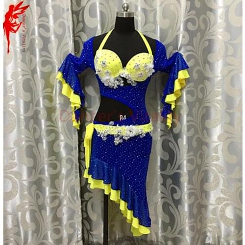 Belly dance clothes luxury bra top and stones dress girls latin dance dress Salsa ballroo Samba dance exercise sets costume