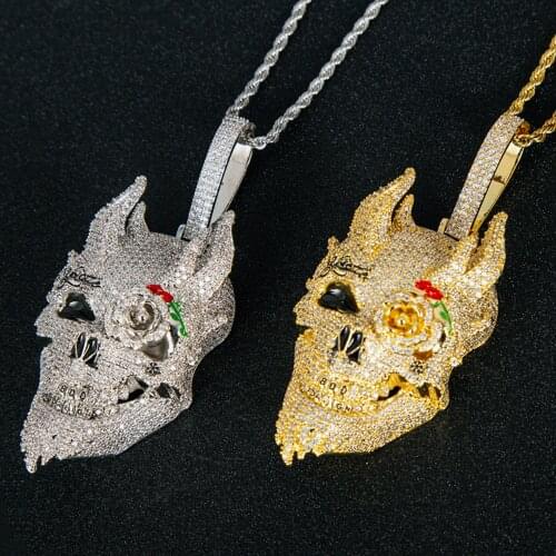 AZ Hip Hop Rose Ghost Skull Necklaces Iced Out Pendant Cubic Zircon Stone For Men Women Goth Jewelry Gift Free Shipping