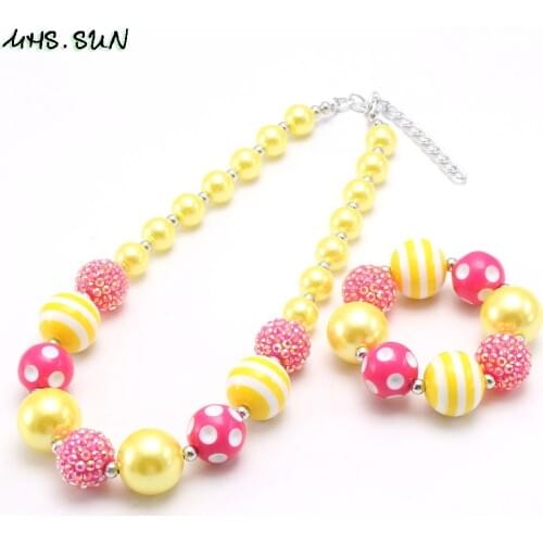 MHS.SUN Kids Chunky Beads Necklace Bracelet Fashion Yellow Red Bubblegum Beads Jewelry Set For Child/Girls Handmade Gift Newest