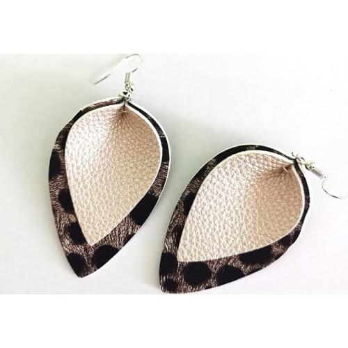 Flash Rose Gold And Gold Faux Leather Double Layered Teardrop Earrings Leopard Printed Large Metallic Petal Earrings Gifts
