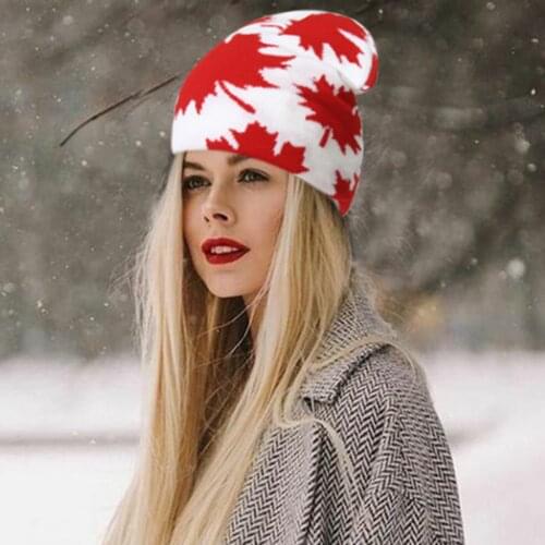 2021 New Winter Hats For Women Beanies Knitted Maple Leaf Print Hat Girls Autumn Female Beanie Warm Bonnet Hip Hop Casual Cap