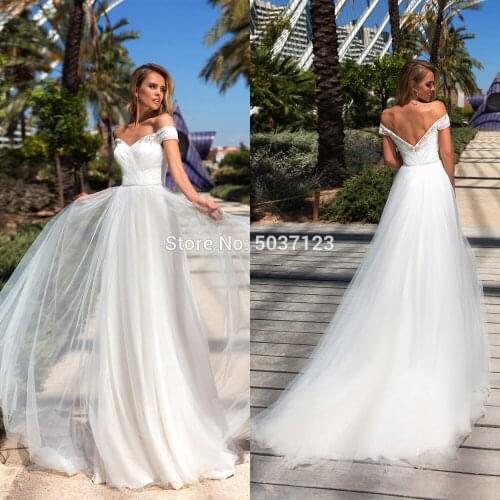 Beaded Off the Shoulder Wedding Dresses A Line Pleated V Neck Zipper Open Back Bridal Wedding Gowns Vestido De Noiva Sweep Train