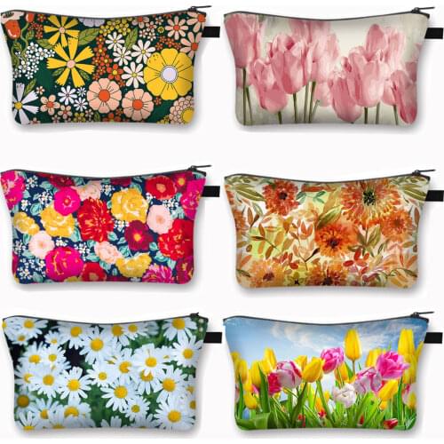 Tulip Marigold Daisy Cosmetic Case Women Makeup Bags Floral Toiletries Beauty Bags Small Handbag Girls Cosmetic Pouch Bag