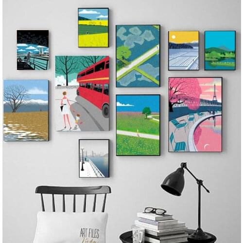 Vintage Wall Art Canvas Painting Girl Building Bridge Field Tree Posters And Prints Living Room Home Decoration Modular Pictures