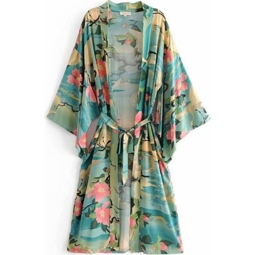 Fitshinling Bohemian Vintage Beach Kimono Swimwear Sashes Print Floral Cover-Up Big Sleeve Green Cotton Spring Autumn Cardigan