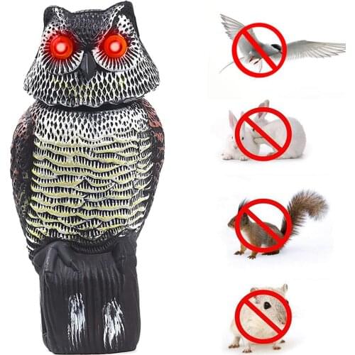 360 Degree Rotating Bird Deterring Fake Owl Decoys Bird Scarer Repeller Sound Shadow Control Scarecrow Owl Statue Garden Decor