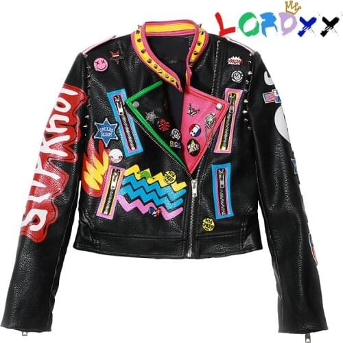 LORDLDS 2019 New Fashion Women Winter AVENGED Print Street Hip hop Short Leather Jacket Black Female Zipper Motorcycle Coat