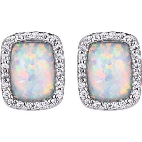 Boho Female Small Geometric Stud Earrings Silver Color Blue White Fire Opal Earrings Vintage Wedding Double Earrings For Women