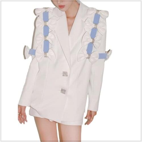 Bow Blazers for Women Elegant Patchwork Color Matching White Plus Size Womens Blazers Long Sleeve Blazer Suits Womens Clothing