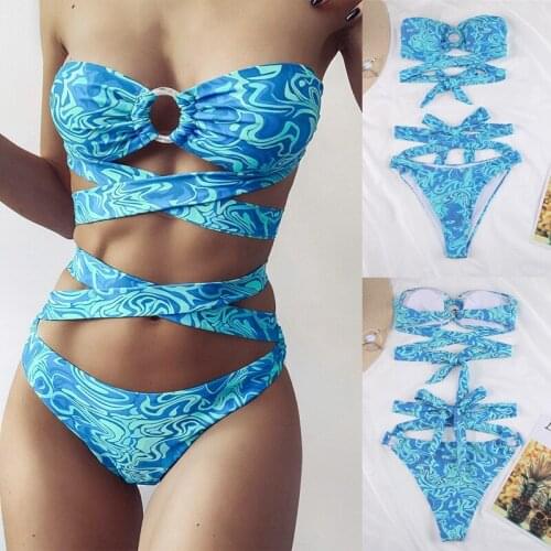 Womens Wave Pattern Print Strap Ring Sexy Split Swimsuit 2-Piece Suit