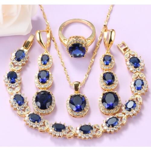 Women Wedding Nigerian Jewelry Set Gold-Color African Beaded Necklace Earrings Bracelet And Ring Fashion Blue CZ Costume Sets