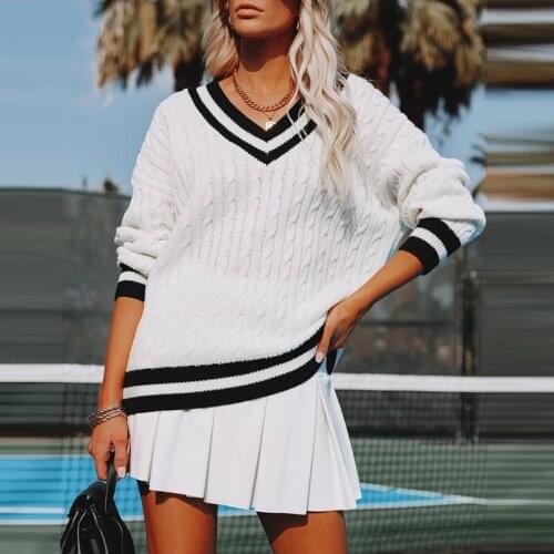 Autumn Women V-Neck Color Matching Sweater England Style Lady Long Sleeve Knitted Pullover Tops Casual Femme Streetwear Sweater