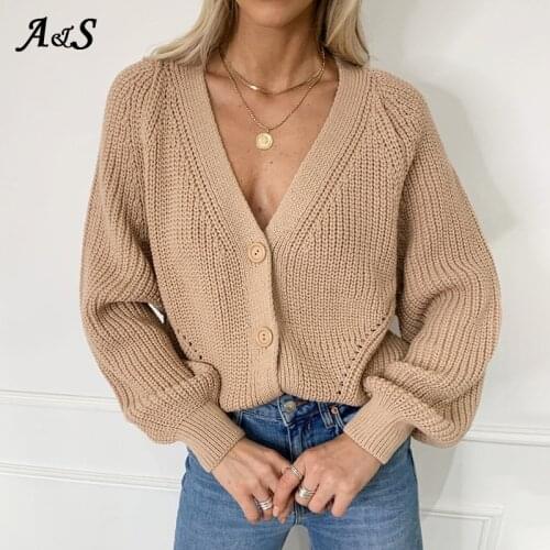 Anbenser Korean Knit Cardigans New Autumn Winter Sweater for Womens Solid Color V-neck Lantern Sleeve Button Knitted Cardigan