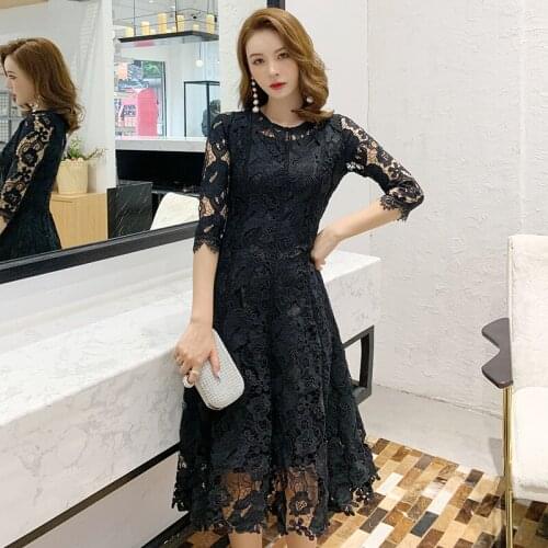 2020 High-end Spring Lace A-Line Dress Women Three-quarter Sleeve O-Neck Maxi Dress Elegant Office Lady Vintage Party Dresses