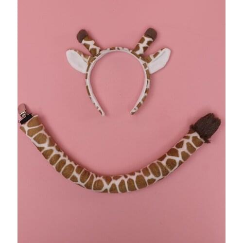 Giraffe Animal Headband Tail Reindeer Faux Fur Ears and Tail Halloween Costume Party Cosplay Christmas Animal Accessory Set