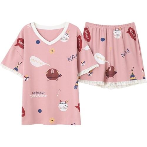 100% Cotton Short Sleeve Pajama Summer Cartoon Two-piece Pajamas Women Loose Casual Sleepwear Homewear Plus Size 2xl Shorts Pjs