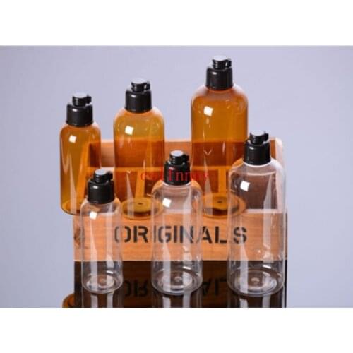 100pcs/lot Fast Shipping 100ml 200ml 300ml PET Amber and Clear natural plastic bottles lotion containers with black Flip