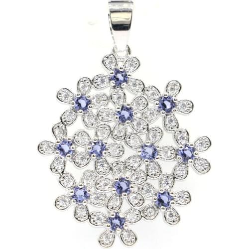 60x25mm Fancy Long Big Created 13g Rich Blue Violet Tanzanite CZ Womans Gift Silver Pendant