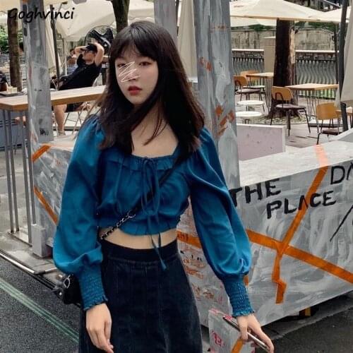 Sweet Women Blouses Square Collar Vintage Crop Shirt Stylish Solid Streetwear Lantern Sleeve Bow Summer Trendy All-match Casual