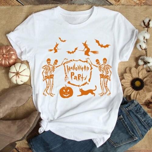 Halloween Party 100% Cotton T-shirt Autumn Spooky Vibes Tshirt Funny Women Graphic Skeleton Pumpkin Tee Shirt Top