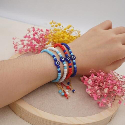Go2Boho Turkish Evil Eye Bracelets Strand Beads Bracelet for Women Ins Fashion Adjustable String Multicolor Lucky Eye Jewelry