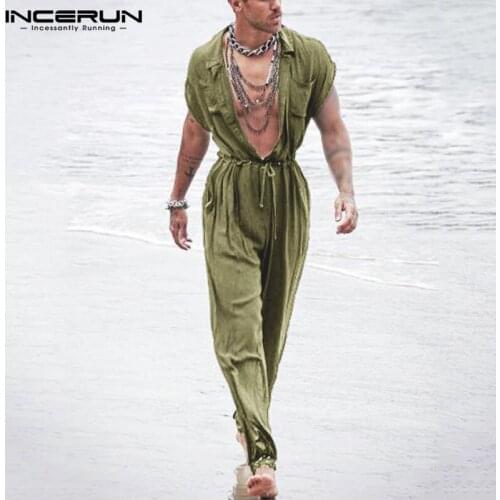 INCERUN Men Jumpsuits Solid Shortsleeve Loose Thin Rompers Streetwear Breathable Summer Button Casual Men Cargo Overalls S-5XL