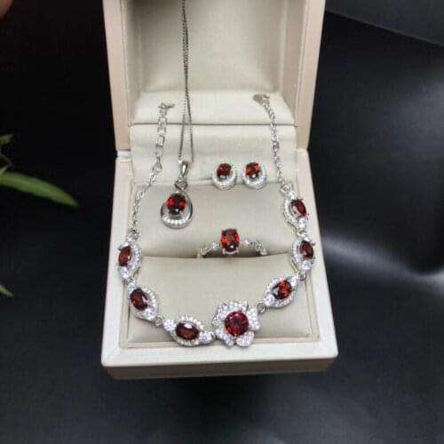KJJEAXCMY boutique jewels 925 pure silver inlaid with pure natural garnet pendant ring earrings necklace 4 set flowers flow curv