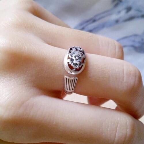999 Foot Silver Vintage Matte Peony Fishtail Open Sterling Silver Ring