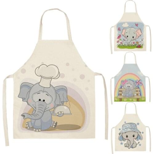 Elephant Pattern Kitchen Aprons Unisex Cotton Linen Bibs Home Cooking Baking Coffee Shop Cleaning Accessory