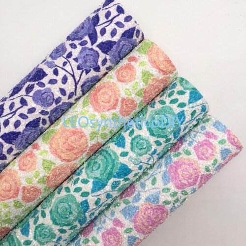 LEOsyntheticoDIY Rose Printed Chunky Glitter Vinyl Fabric Sheet Felt Backing Synthetic Leather Faux Vinil DIY A4 SIZE R029A
