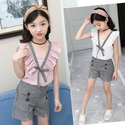 FYH Summer Girls Clothing Kids Sleeveless Chiffon V-neck T-shirt+ Plaid Shorts 2pcs Girls Summer Suit Set Children Clothes 4-13Y