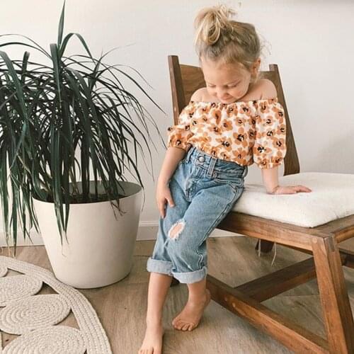 Fashion Kids Baby Girl Jeans Outfits Clothing Off Shoulder Short Sleeve Lantern Tops Ripped Hole Denim Pants 2Pcs Sets 1-6Y