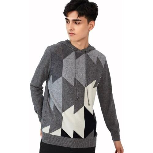 Zhili Mens 100% Cashmere Block Patterns Hooded Collar Pullover Sweater