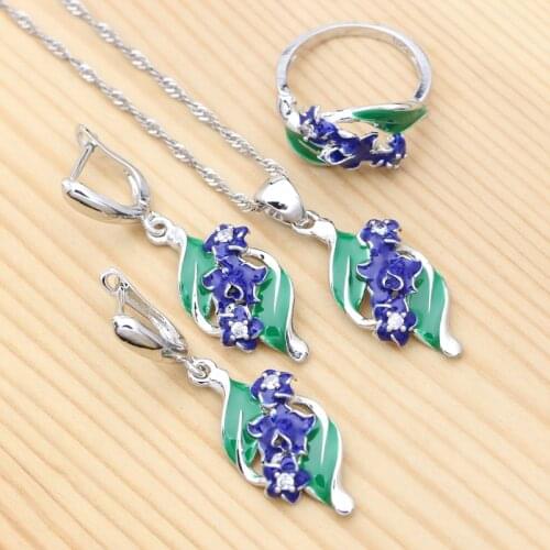 925 Silver Bridal Jewelry Set for Woman Ring Pendant Necklace Earrings Green and Blue Enamel Plant Flower Zircon Jewelry