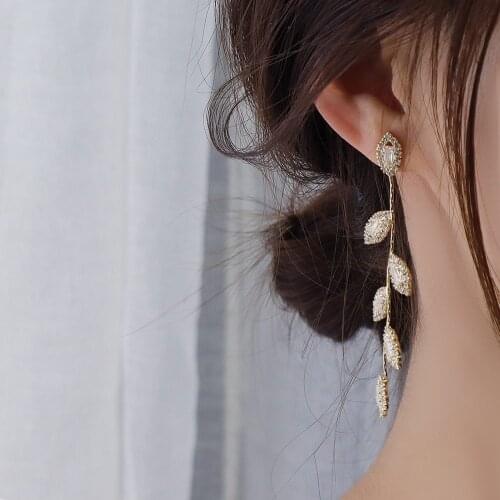New S925 Silver Needle Plated 14k Real Gold Exquisite Micro-Inlaid AAA Zircon Long Tassel Leaf Shape Ladies Earrings